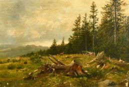 19th Century Continental School, deer on a hillside by a forest edge, oil on canvas, indistinctly