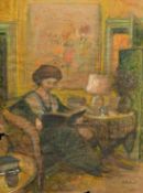 After Edouard Vuillard, A lady reading at a table, mixed media, bears signature, inscription and