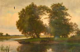 19th Century Continental School, figure and cattle in a river landscape, oil on canvas, indistinctly