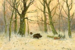 L Steinfeld (20th Century) German School, two wild boars in a winter landscape, oil on canvas,