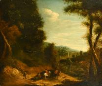 Circle of Frederik de Moucheron (1633-1686) Dutch, huntsmen in a landscape by a mountain lake, oil
