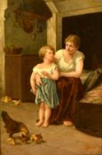 T. Molino (19th Century) Italian, a mother and child in a cottage interior with chickens feeding
