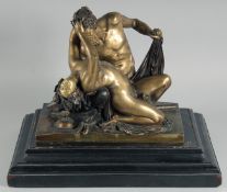 FROM A MODEL by JAMES PRADIER. A CLASSICAL BRONZE GROUP, SATYR AND NYMPH with tambourine and up-