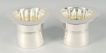 A GOOD PAIR OF SILVER PLATED TOP HAT WINE COOLERS. 6.5ins high.