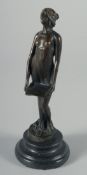A SMALL ART NOUVEAU STYLE BRONZE NUDE on a marble base.