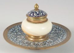 A MARBLE AND CLOISONNE CIRCULAR INKSTAND. 6ins high.