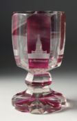 A GOOD BOHEMIAN TWO COLOURED GLASS GOBLET engraved with a panel of monuments. 5.25ins high.