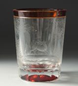 A GOOD BOHEMIAN TWO COLOURED GLASS BEAKER engraved with a man hunting deer. 5ins high.