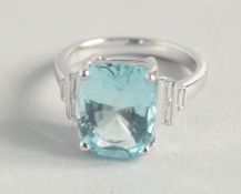 A SUPERB 18CT WHITE GOLD AQUAMARINE AND DIAMOND RING.