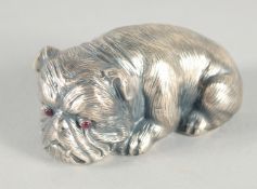 A GOOD RUSSIAN SILVER DOG. Stamped: 84, head, Faberge, I. P. 2.5ins high, 58gms.