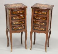 A PAIR OF LOUIS XVI DESIGN INLAID SERPENTINE SHAPED BEDSIDE CABINETS fitted with four drawers, on