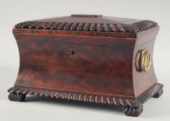 A VERY GOOD LARGE GILLOW MODEL MAHOGANY TEA CADDY opening to reveal Tunbridge-type inlay in the top.