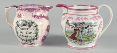 TWO SUNDERLAND PINK LUSTRE JUGS, 