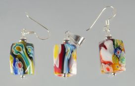 A THREE PIECE ITALIAN GLASS SET EARRINGS AND PENDANT.