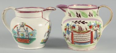 TWO SUNDERLAND PINK LUSTRE JUGS, 