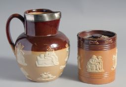 A LARGE ROYAL DOULTON STONEWARE JUG with silver band. 7.5ins high and a TOBACCO JAR AND COVER,