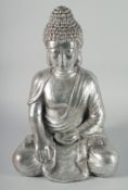 A LARGE SILVERED SEATED BUDDHA 20ins long.