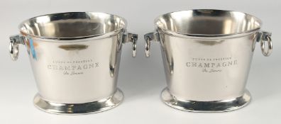 A PAIR OF CUVEE DE PRESTIGE CHAMPAGNE WINE COOLERS. 12ins diameter, 10ins high.
