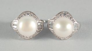 A PAIR OF 18CT WHITE GOLD, DIAMOND AND FRESHWATER PEARL DROP EARRINGS.