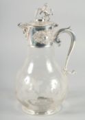 A GOOD BULBOUS ETCHED GLASS CLARET JUG with plated lion handle. 12ins high.