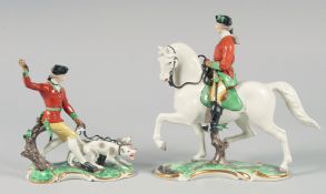 A NYMPHENBURG PORCELAIN SOLDIER on horse back 9ins high and another man with horses, 6ins long (2).