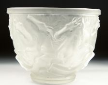 A FRENCH CIRCULAR FROSTED GLASS BOWL with horses in relief. 7.75ins diameter.