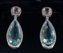 AN UNUSUAL PAIR OF 18CT GOLD, AQUAMARINE, MORGANITE AND DIAMOND DROP EARRINGS, aquamarine approx.