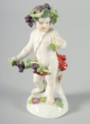 A SMALL MEISSEN PORCELAIN CUPID depicting HARVEST. Cross swords mark in blue, 5ins high and a