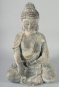 A LARGE SILVERED SEATED BUDDHA 20ins long