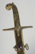 A MAMELUKE BRASS HILTED SABRE bejeweled brass scabbard.
