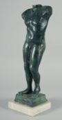 AFTER THE ANTIQUE. A BRONZE TORSO on a square base. 16ins high.
