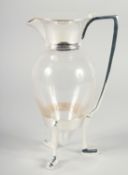 A CHRISTOPHER DRESSER DESIGN GLASS CRUET with plated mounts and crow’s feet. 10ins high.