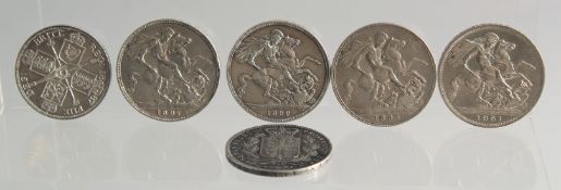 SIX SILVER CROWNS: 1847, 1890, 1887, & 1895.