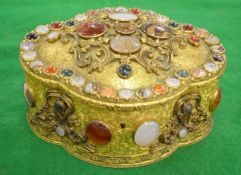 A GOOD CONTINENTAL GILT METAL JEWELL CASKET set with numerous agate, jade and other stones.