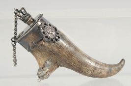 A GOOD 19TH CENTURY ANTLER, SILVER MOUNTED MULL, possibly German with oak leaves and mask in