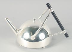 A LARGE CHRISTOPHER DRESSER DESIGN SILVER PLATED CIRCULAR TEA POT. 5.75ins diameter.