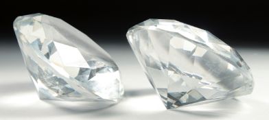 TWO DIAMOND CUT CIRCULAR GLASS PAPERWEIGHTS. 3.75ins diameter.