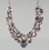 A STERLING SILVER, AMETHYST, CRYSTAL AND PEARL NECKLACE.