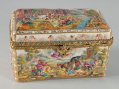 A GOOD CAPO DI MONTE PORCELAIN BOX with various classical scenes in relief, with velvet interior.