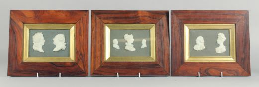 A SET OF THREE 18TH CENTURY ROSEWOOD FRAMED AND GLAZED PORTRAIT PROFILES, various characters from
