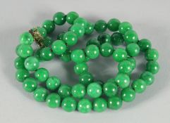 A VERY GOOD STRING OF JADE BEADS with diamond and ruby clasp 24ins long.