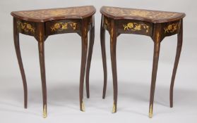 A PAIR OF LOUIS XVI DESIGN INLAID SERPENTINE SHAPED FRONT SIDE TABLE with single drawer on curving