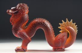 A LARGE LALIQUE COLOURED CHINESE DRAGON. Signed, Lalique, France. 11ins long