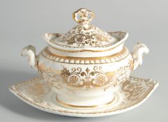 A SPODE FELSPAR PORCELAIN TWO HANDLED WHITE AND GILT SUCRIER, COVER AND STAND.