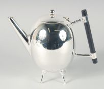 A GLOBULAR CHRISTOPHER DRESSER DESIGN SILVER PLATED CIRCULAR TEA POT. 7ins diameter.