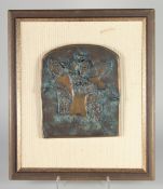 A FRAMED BRONZE OF THREE DANCING GIRLS. 12ins x 10ins.