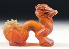 A LALIQUE COLOURED GLASS CHINESE DRAGON. Signed, Lalique, France. 4ins long.