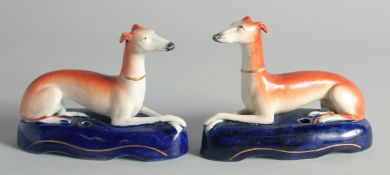 A PAIR OF STAFFORDSHIRE GREYHOUND INK WELLS on blue bases. 6ins long.