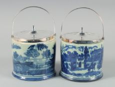 A PAIR OF WILLOW PATTERN BISCUIT BARRELS
