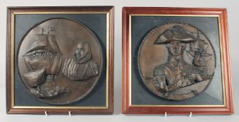A PAIR OF OVAL PLAQUES, SIR FRANCIS DRAKE AND NELSON. 13ins x 13ins.